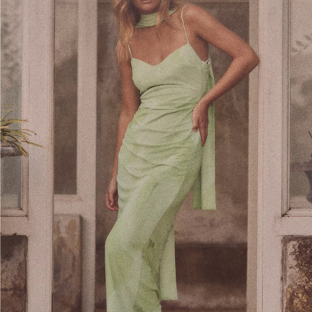 Zara Green Tulle Midi Dress with Scarf